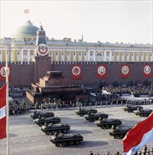 Moscow, november 7, 1980, btr-70 armored troop carriers on parade in red square.