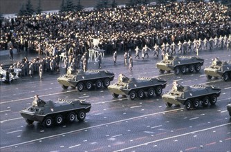 Moscow, november 7, 1980, btr-70 armored troop carriers on parade in red square.