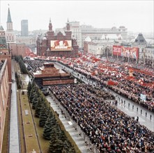 May day celebration in red square in 1980, moscow, ussr.