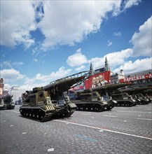 Motorized ballistic missile launchers bearing scud a tactical nuclear missiles at a military parade in red square celebrating the anniversary of the great october socialist revolution on november 7, m...