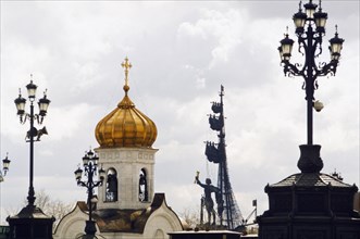 A view of the christ the savior cathedral and the monument to peter the great in moscow, russia, 2004.
