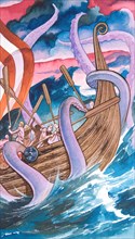 Creative illustration serial Magic. Vikings and the Kraken in Norway and Greenland sea