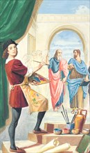 Creative illustration serial History of Rome Reinassance Raffaello while painting The School of Athens