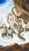 Creative illustration serial Magic. Mithology Laocoon and His Sons killed by snakes