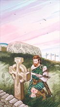 Creative illustration serial Magic. Scotland Runes and Celtic Cross in the highlands