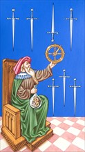Creative illustration Middle Age in tarots. The Alchemist with astrolabe and alambic.