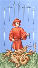 Creative illustration Middle Age in tarots The master of the dragon