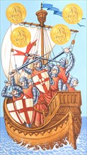 Creative illustration Middle Age in tarots. The vessel of the crusaders.