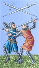 Creative illustration Middle Age in tarots. The duel od medieval warriors.
