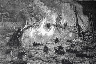 Burning Of The French Ironclad Richelieu At Toulon. The French Ironclad Richelieu Was A Wooden-Hulled Central Battery Ironclad Built For The French Navy In The Early 1870S