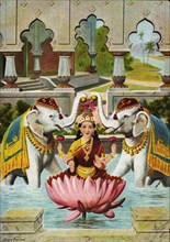 Goddess Lakshmi is being anointed by two elephants on either side of her