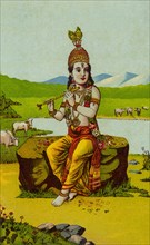 Lord Krishna plays a flute while in forest