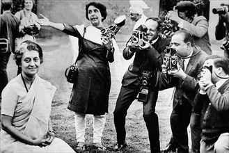 India's first woman photojournalist Homai Vyarawalla and her professional colleagues during a photo session with prime minister Indira Gandhi at latter's residence in New Delhi