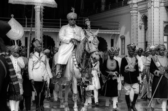 Maharaja Jay Chamaraja Wadiyar at Mysore rides the royal horse on the day of Ayudha Puja (worship of armoury) during Dussera festival
