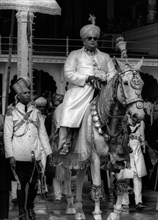 Maharaja Jay Chamaraja Wadiyar at Mysore rides the royal horse on the day of Ayudha Puja (worship of armoury) during Dussera festival