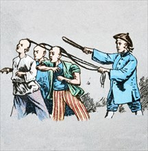 An illustration of Chinese men being pulled by their long hair by a man and directed to move forward