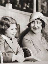 Princess Elizabeth of York with her mother the Duchess of York at the rehearsal of the Aldershot Tattoo in 1932