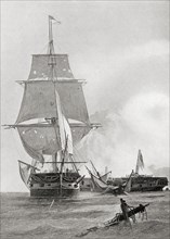 The battle between the two ships USS Constitution and HMS Guerriere during the War of 1812