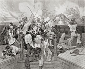 The death of James Lawrence aboard the USS Chesapeake after a single-ship action against HMS Shannon during The War of 1812