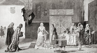 Isabella pledging her jewels to finance the expedition of Christopher Columbus in 1492