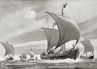 A fleet of Viking ships on a raid