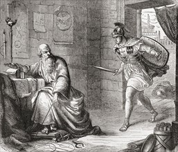 The death of Archimedes during the Siege of Syracuse when he was killed by a Roman soldier for not replying to a question