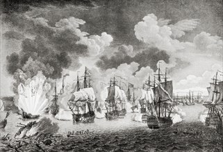 The destruction of the Turkish fleet by the Russians in the naval Battle of Chesme