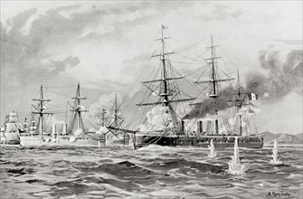 The engagement between the Peruvian ship Huáscar and Chilean warships at the The Battle of Angamos