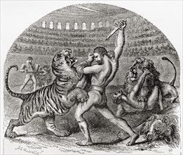 Gladiators fighting against wild animals in ancient Rome