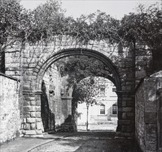 Black and white image of a stone wall arched over a walkway and covered with plants