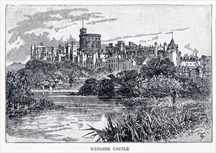 Black and white illustration of Windsor Castle and water in the foreground; Windsor