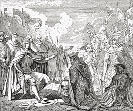 Rudolf of Habsburg reinvesting Ottokar with the Kingdom of Bohemia after his submission in 1276