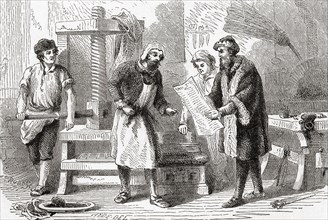 Gutenburg printing the first page of the Bible
