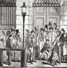 Poor people waiting at a hospital door in early 19th century London