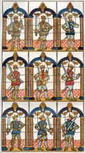 A painted or stained glass window depicting two Saxon earls of Merica and seven Norman earls of Chester