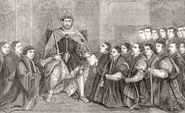 Henry VIII granting the Royal Charter to the Company of Barbers and the Guild of Surgeons on their merger in 1540