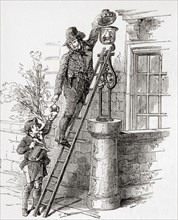 A 19th century lamplighter in London
