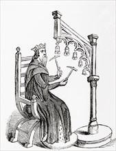 A king using small hammers to play hand-bells which were suspended from a wooden stand