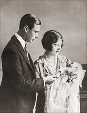 The Duke and Duchess of York at the christening of their daughter Princess Elizabeth in 1926