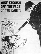 A political cartoon in black and white regarding fascism and the relationship between USSR and Germany