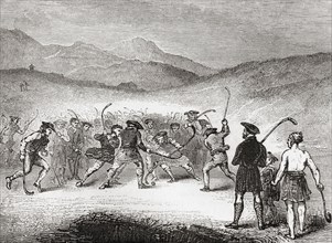 A game of Shinty in progress in the 19th century.  From Old England: A Pictorial Museum