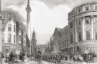 Old Fish Street Hill and the Monument to the Great Fire with members of the London Fire Brigade