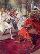 Lohengrin slays Count Frederick.  From Knights of the Grail: Lohengrin