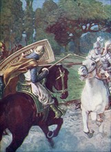 Bagdemagus broke his own spear against his enemy's armour.  From Knights of the Grail: Lohengrin