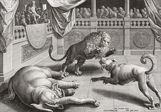 Alexander the Great watching animals fight. 16th century engraving after a work by Jan van der Straet