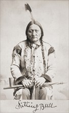 Sitting Bull born circa 1831-1890. Hunkpapa Lakota Sioux holy man.  After a portrait on a 19th century cabinet card. Facsimile of his signature beneath portrait.