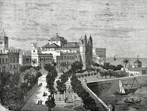 Spain, Andalusia, Cadiz, Alameda avenue of Marquis of Comillas and Baroque Church of El Carmen