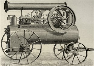 Steam machine, horizontal, locomobile, mounted on wheel train