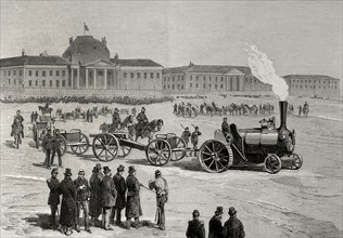 Traction Experiment of an artillery convoy by means of Routieres locomotives, on the Champ-de-Mars (12 cannons and 6 limbers, length: 126 metres, weight: 28