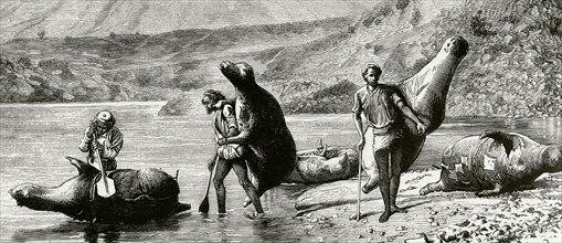 Native population crossing the Beas river with inflated skins (mussaks)